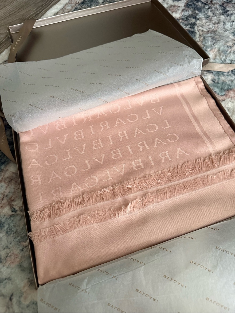 Bulgari Blush Pink Jacquard Logo Fringe Wrap